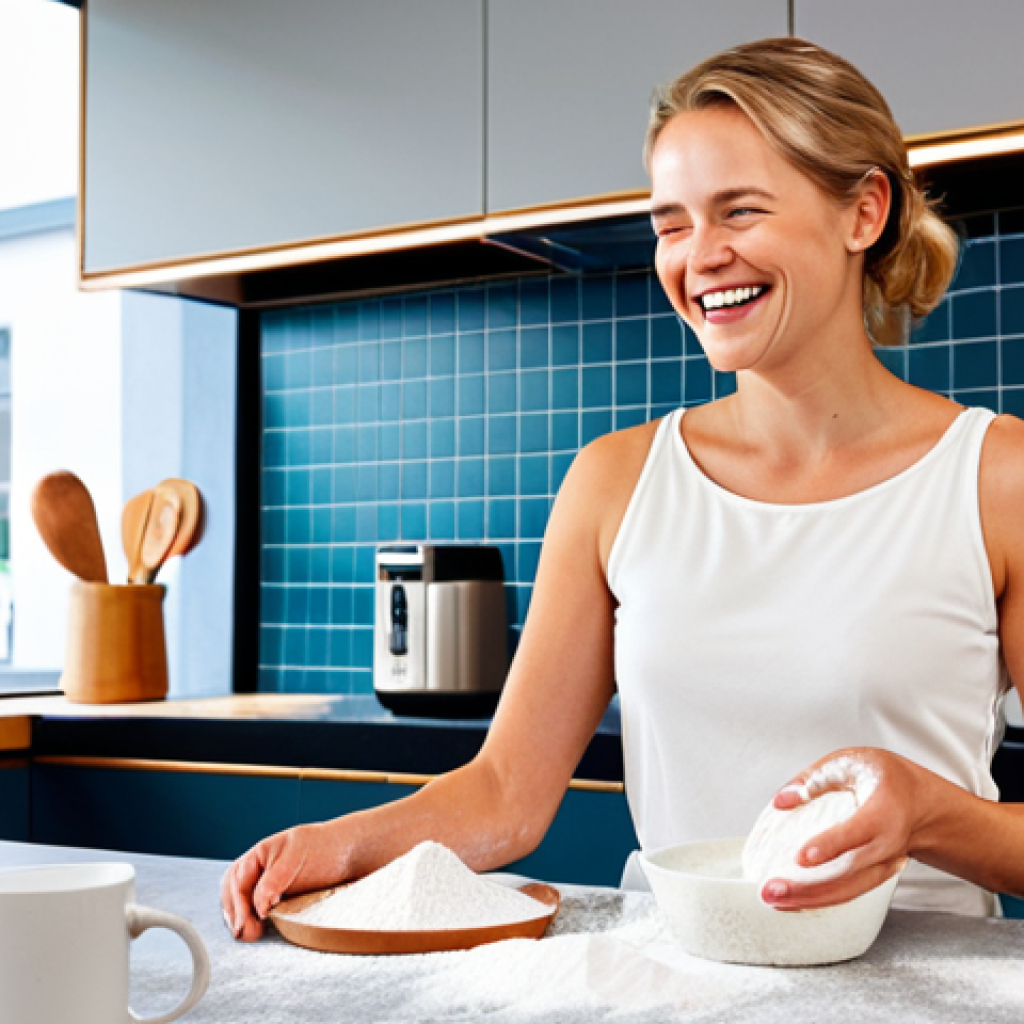A modern, bright kitchen in the Netherlands. A woman with flour-covered hands smiles as she speaks to a Google Assistant device on the counter. Various smart kitchen gadgets are subtly visible in the background, showcasing a seamless blend of technology and traditional kitchen elements.