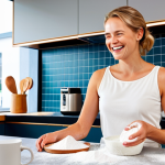 A modern, bright kitchen in the Netherlands. A woman with flour-covered hands smiles as she speaks to a Google Assistant device on the counter. Various smart kitchen gadgets are subtly visible in the background, showcasing a seamless blend of technology and traditional kitchen elements.