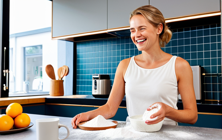 A modern, bright kitchen in the Netherlands. A woman with flour-covered hands smiles as she speaks to a Google Assistant device on the counter. Various smart kitchen gadgets are subtly visible in the background, showcasing a seamless blend of technology and traditional kitchen elements.