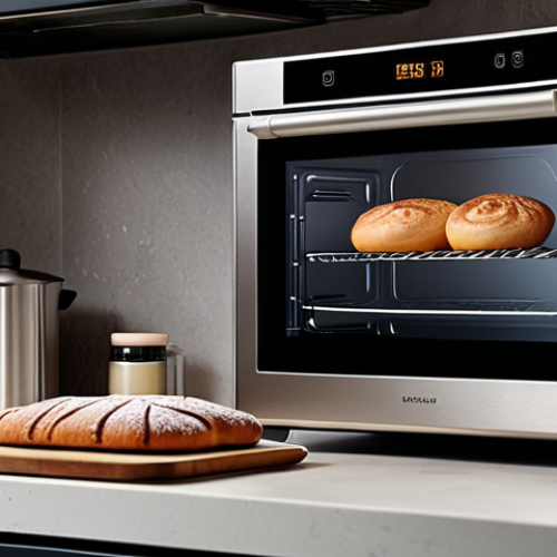 **A modern kitchen featuring a smart oven with a large viewing window. The oven is displaying a complex baking recipe on its touchscreen.** (Focus: highlighting user-friendliness and design)