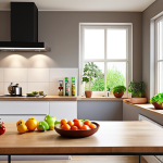 **

> A bright, modern kitchen interior. LED spotlights illuminate a sleek countertop with fresh produce. Large windows maximize natural daylight. Focus on energy-efficient design and warm, inviting atmosphere. Smart home elements subtly visible, like a smart thermostat on the wall.

**