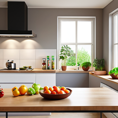 **

> A bright, modern kitchen interior. LED spotlights illuminate a sleek countertop with fresh produce. Large windows maximize natural daylight. Focus on energy-efficient design and warm, inviting atmosphere. Smart home elements subtly visible, like a smart thermostat on the wall.

**