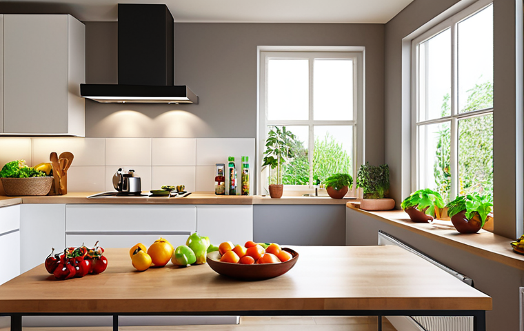 **

> A bright, modern kitchen interior. LED spotlights illuminate a sleek countertop with fresh produce. Large windows maximize natural daylight. Focus on energy-efficient design and warm, inviting atmosphere. Smart home elements subtly visible, like a smart thermostat on the wall.

**